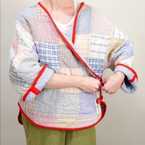 Americana Patchwork quilt coat with red binding & wooden buttons